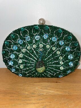 Embellished Peacock Clutch - Emerald Green